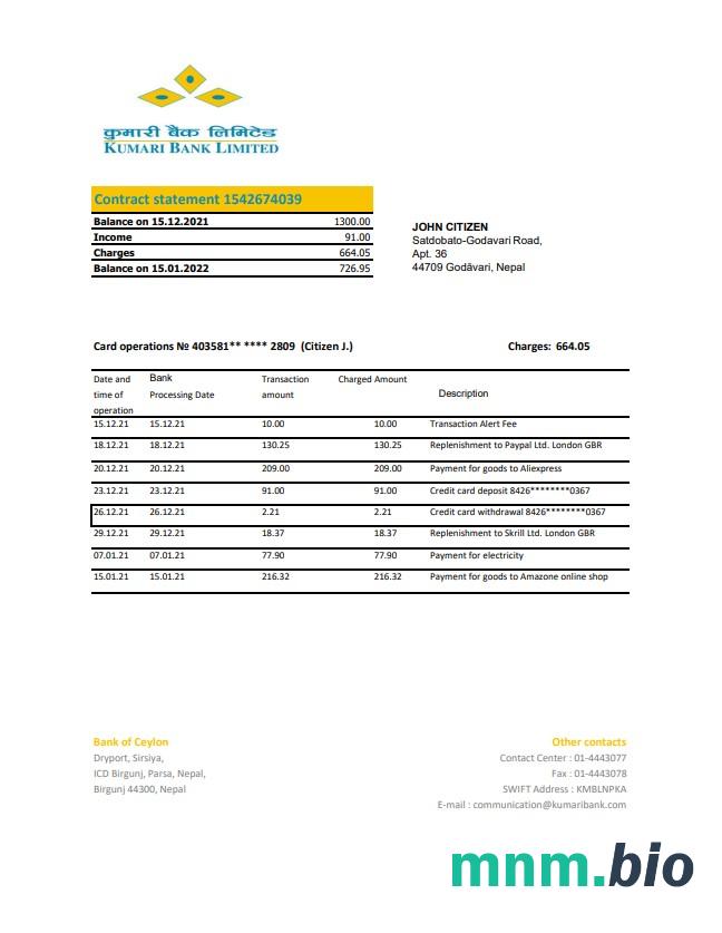 Nepal Kumari Bank Limited wyciąg z konta Word i szablon PDF